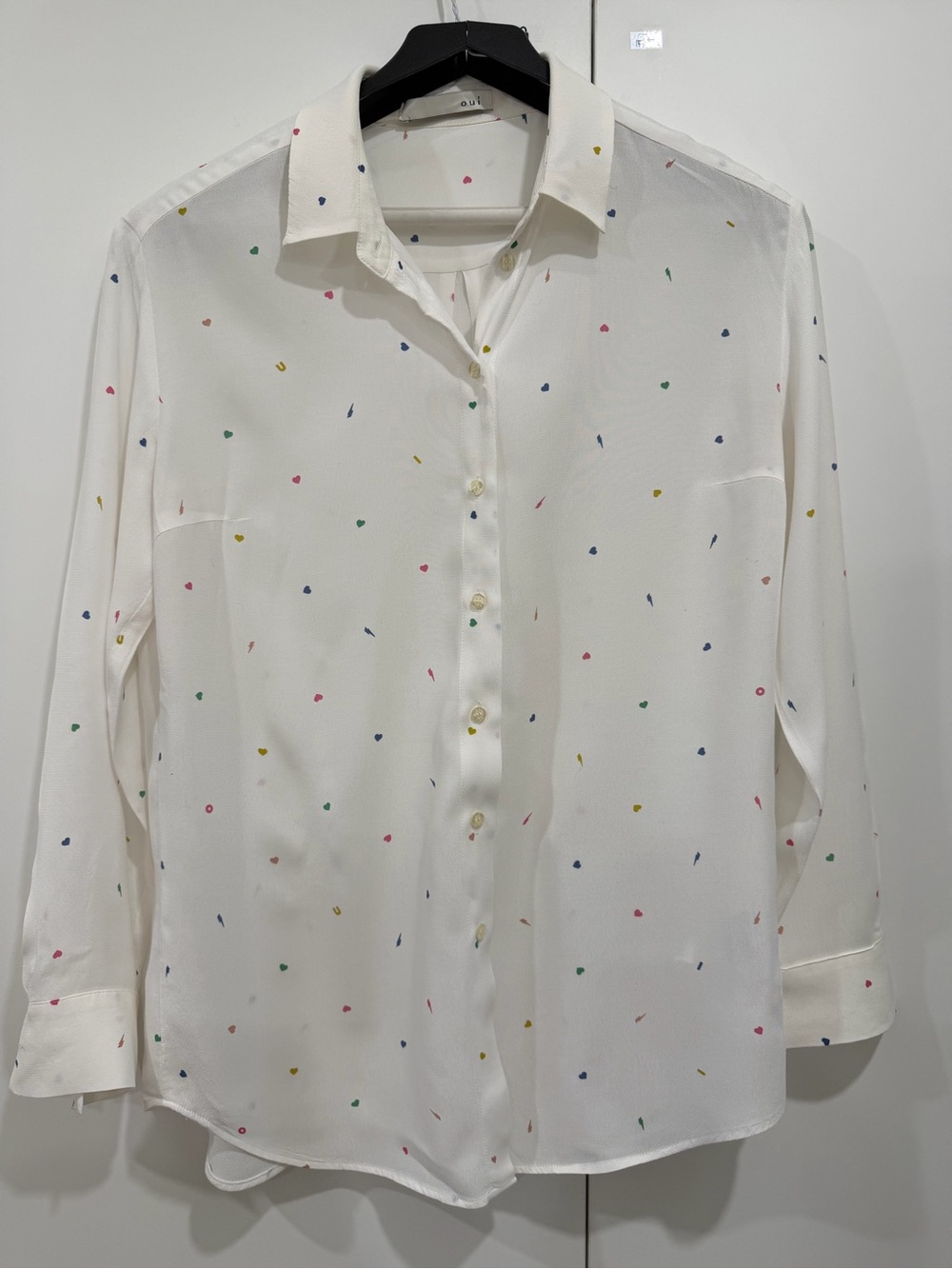 Woman’s White Button-Up Shirt with Multicolor Micro Dots